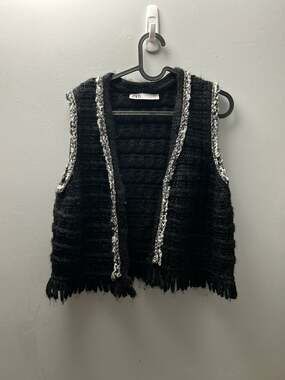 Zara Textured Knit Fringe Vest with Contrast Metallic Trim